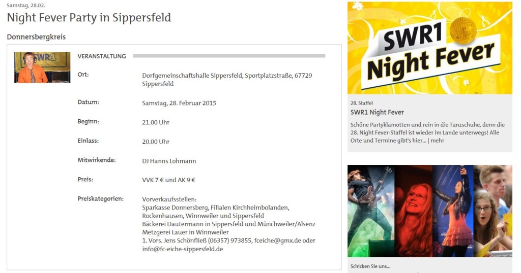 SWR1 night fever 28.2.15 in Sippersfeld